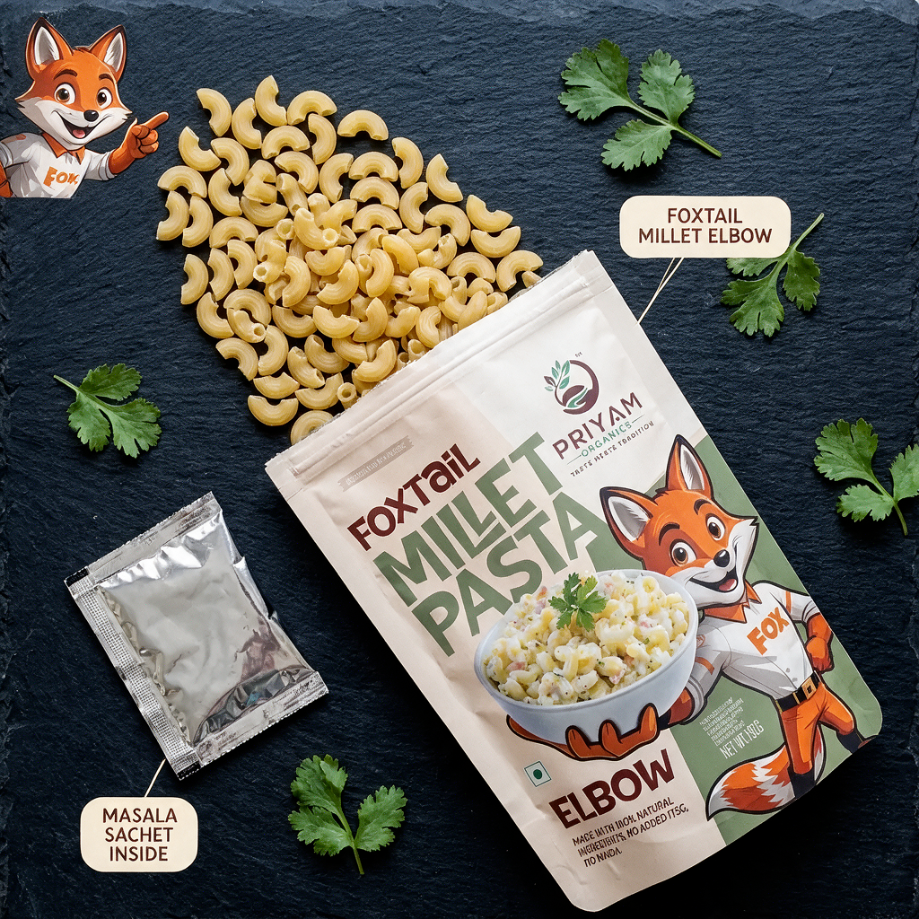 What's inside: raw foxtail millet elbow macaroni and masala sachet