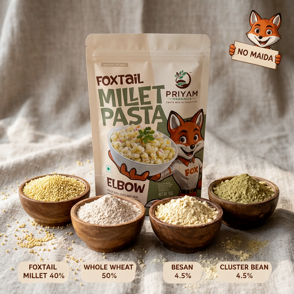 Ingredients: foxtail millet 40%, whole wheat 50%, besan 4.5%, cluster bean 4.5%
