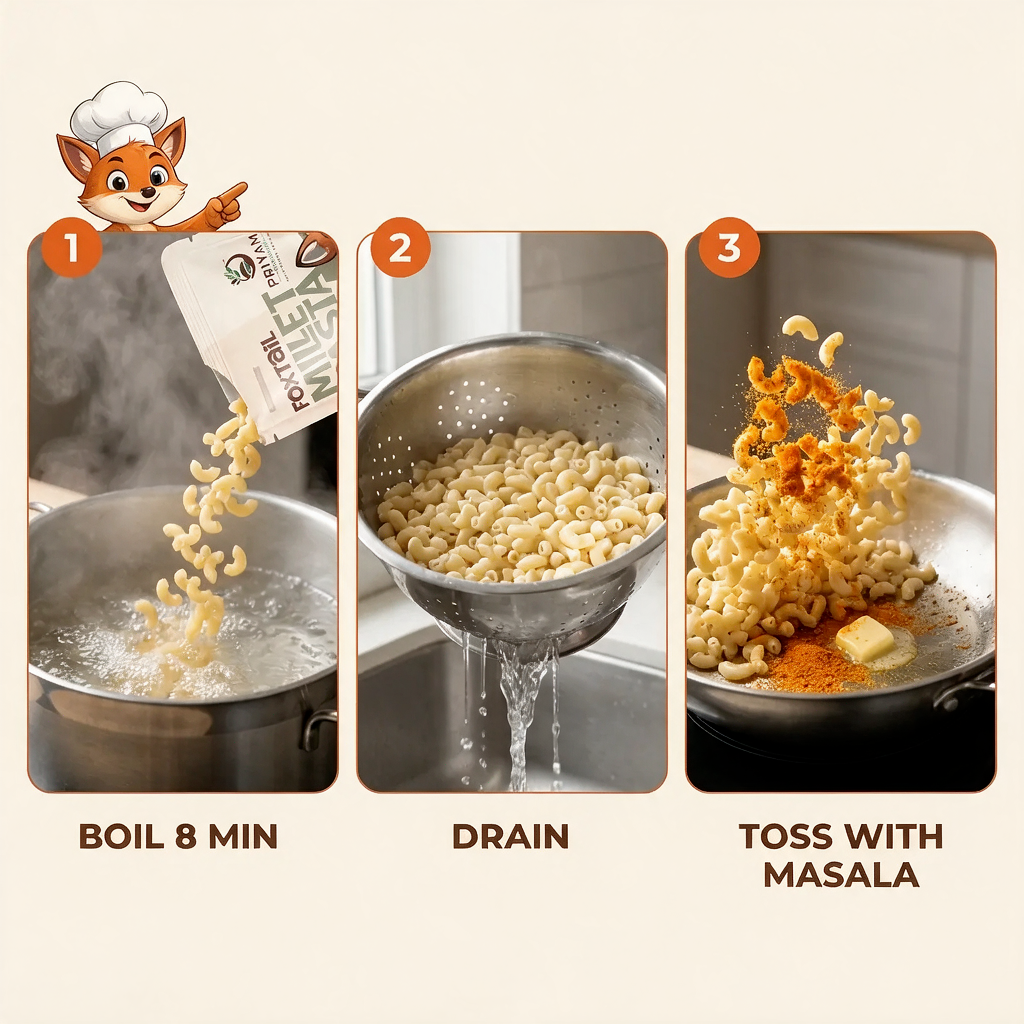 How to cook: boil 8 min, drain, toss with masala