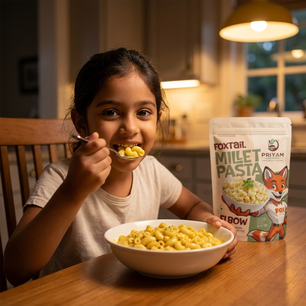 Child eating a bowl of foxtail millet elbow macaroni