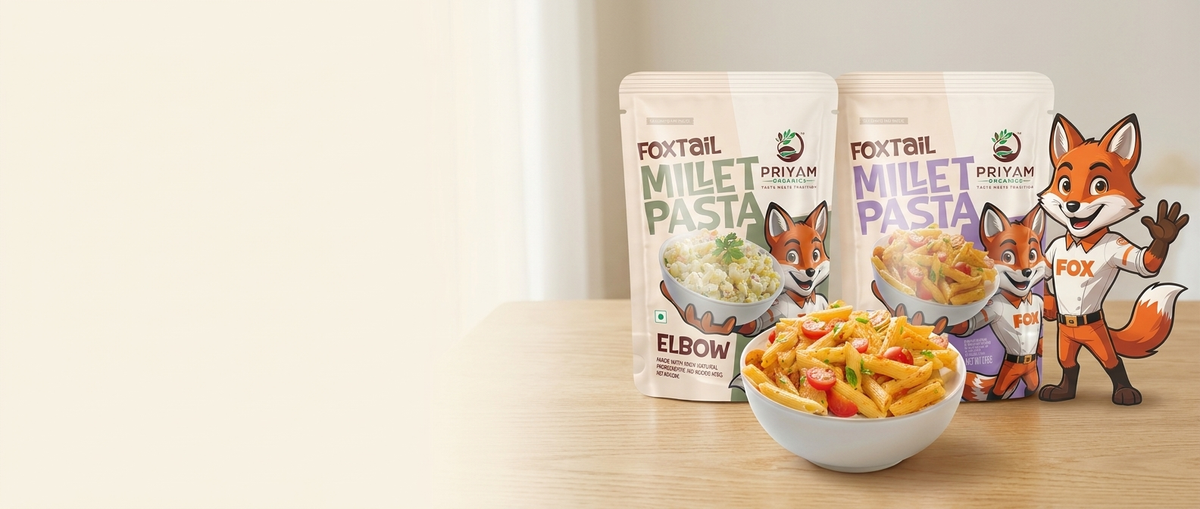 Wide hero: Elbow and Penne packs, penne bowl, fox mascot waving