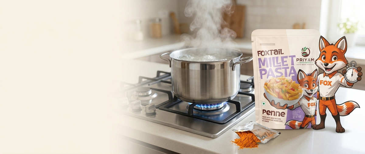 Wide hero: penne boiling on stove, Penne pack, masala sachet, fox with stopwatch