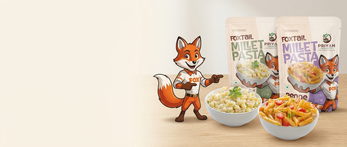 Wide hero: two bowls of elbow and penne, both packs, fox pointing