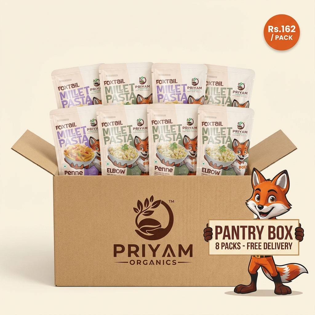 Priyam Organics Pantry Box - 8 packs foxtail millet pasta, free delivery, Rs.162 per pack