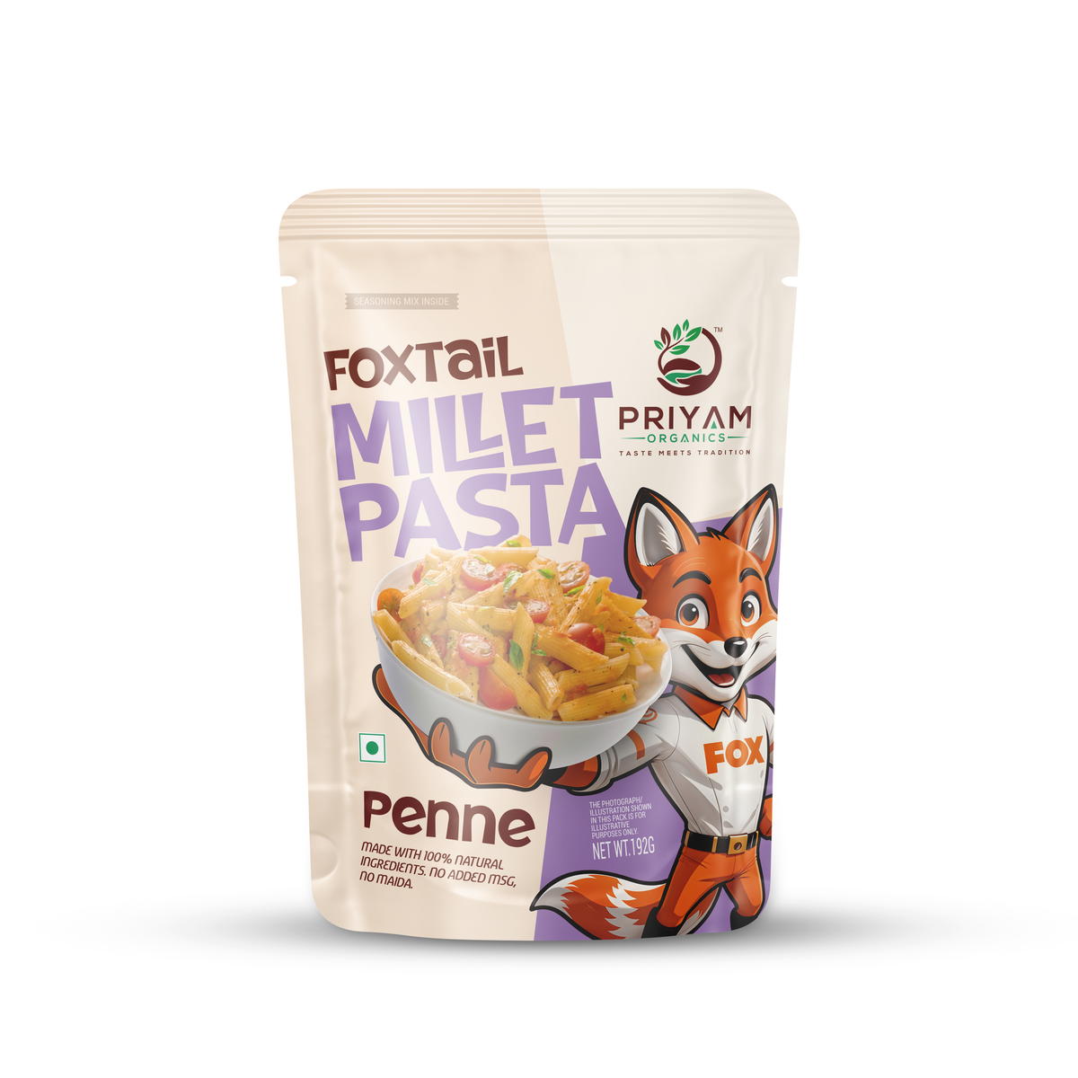 Priyam Organics Foxtail Millet Penne pasta pack, 192g with masala sachet
