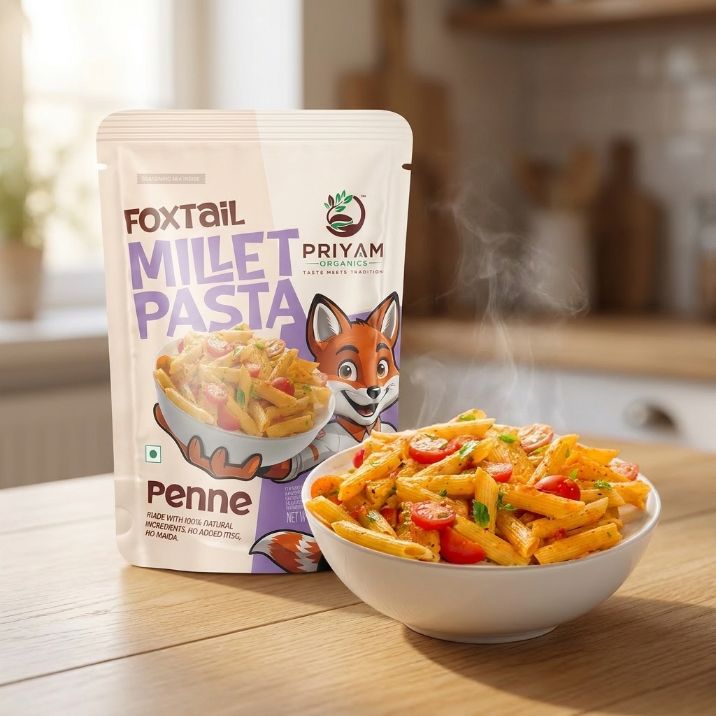 Foxtail millet penne cooked in masala, served beside the pack