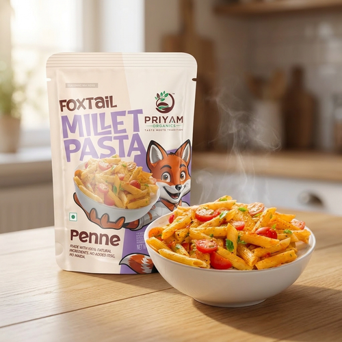 Foxtail millet penne cooked in masala, served beside the pack
