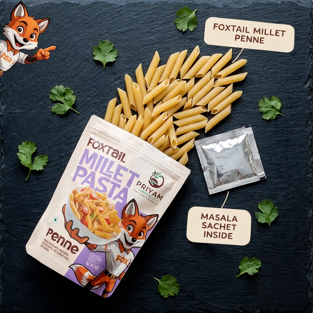 What's inside: raw foxtail millet penne and masala sachet