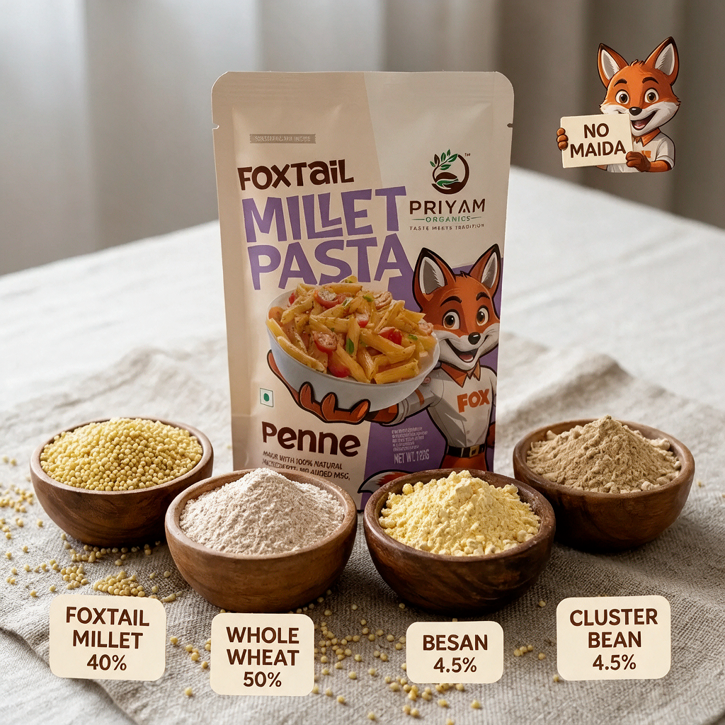 Ingredients: foxtail millet 40%, whole wheat 50%, besan 4.5%, cluster bean 4.5%