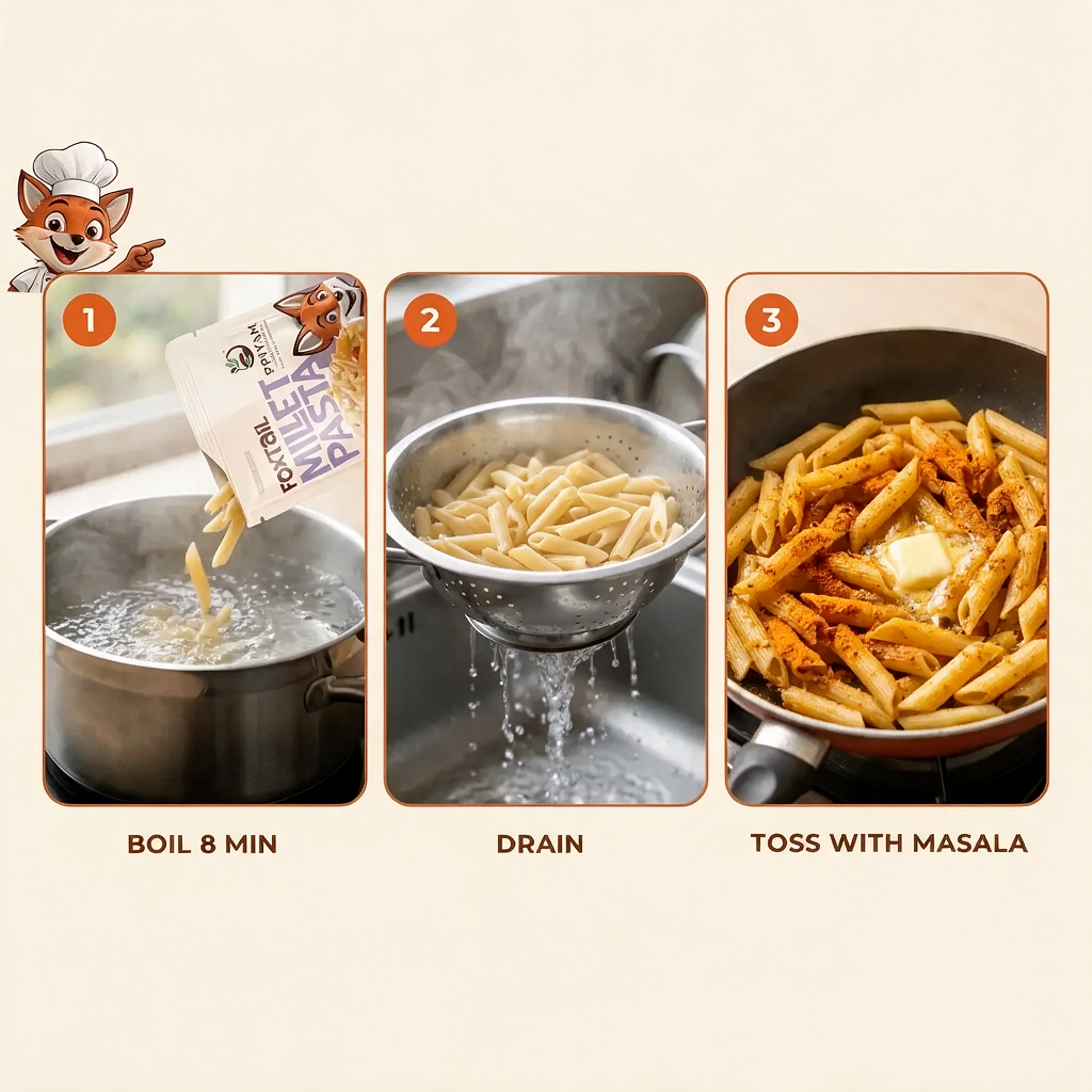 How to cook: boil 8 min, drain, toss with masala