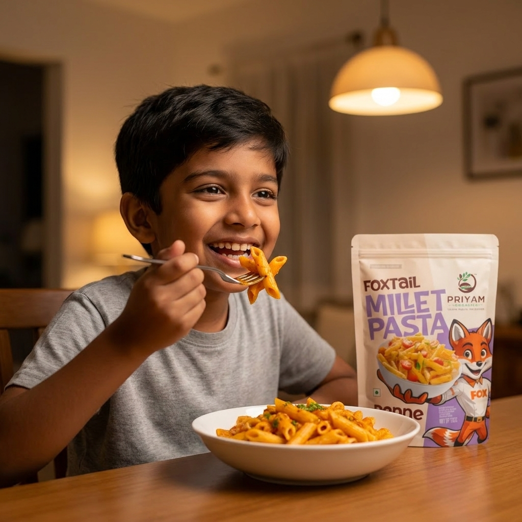 Child eating a bowl of foxtail millet penne