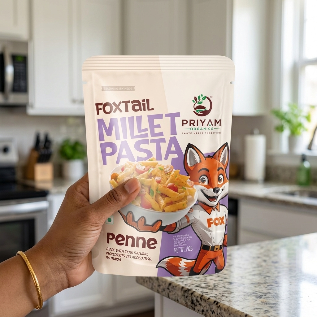 Penne pack held in hand for size